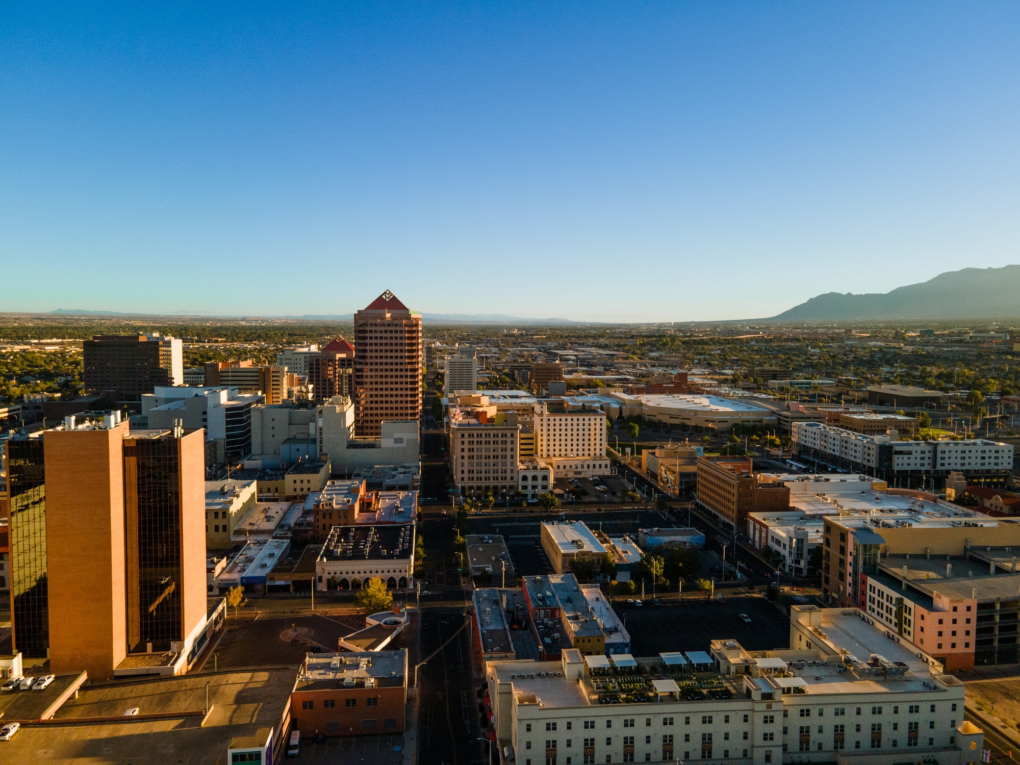 Aerial View Cityscape and Skyscrapers of Albuquerque New Mexico at Dusk